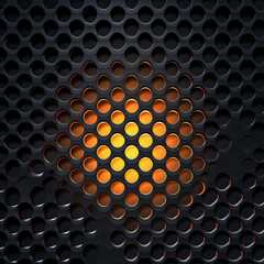 Poster - abstract metal background with orange light in the center, a round holes pattern, minimalistic design in the style of 3d render, high resolution photography