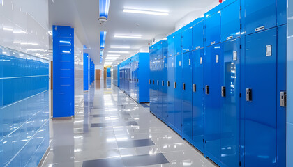  High school lobby with blue shiny lockers. Fitness Gym. Concept of studying and getting knowledge