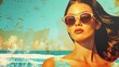 Pretty woman wearing sunglasses on the beach, 60s retro style, summer vacations concept