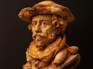 Wall Mural - A statue of a man with a hat and beard made out of pancakes. The statue is made of wood and has a brown color