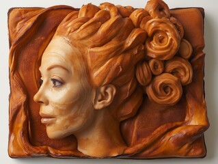 Wall Mural - A woman's face is carved out of a piece of wood. The carving is brown and has a lot of detail. The woman's face is very expressive and seems to be smiling