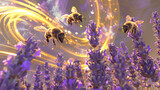 Fototapeta Perspektywa 3d - Stylized Bees Buzzing Around Lavender in a Magical Realm