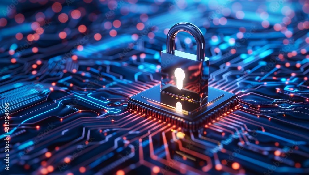 A digital lock symbolizing data security and cyber protection on top of ...