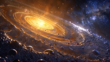 A galaxy with planets and stars, with the sun in the center