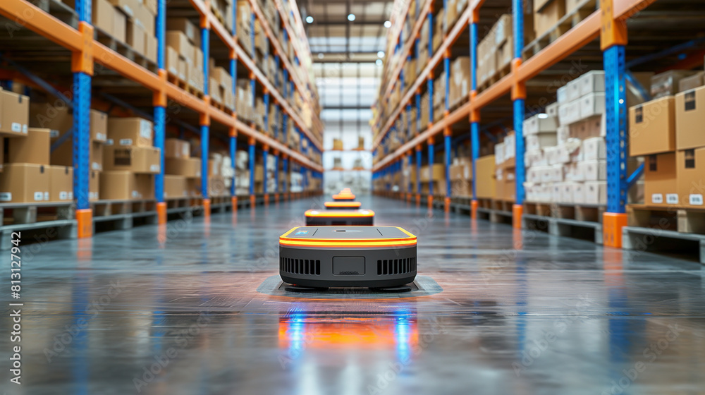 Autonomous mobile robots (AMRs) moving materials in a warehouse Stock ...