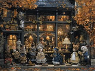 Wall Mural - A group of stuffed animals are gathered outside a store, with some of them dressed in fancy clothes