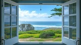 open window to the view of ocean and coast