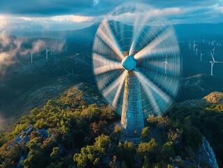 Wall Mural - A windmill is spinning in the air with a blue sky in the background. The windmill is surrounded by trees and mountains