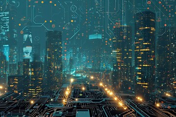 Poster - Futuristic city on electronic circuit background, development of modern digital technologies concept