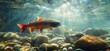 Royal Red Salmon swimming in clear water, surrounded rocks and sun rays reflecting on the surface of the river, underwater view.