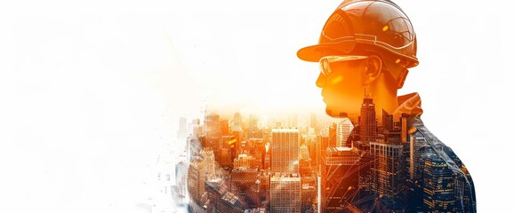 Double exposure of engineer wearing helmet and construction building city, side view isolated on white background with clipping path, panoramic banner