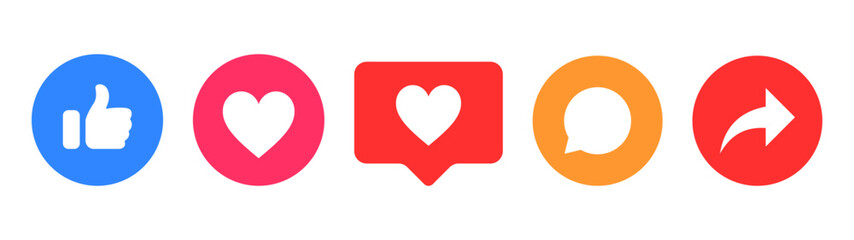 Like, comment, share icon buttons and Thumbs up and love heart flat icon in modern circle and speech bubble shapes , Social media notification icons. emoji post reactions set. Vector illustration