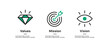 Mission, Vision, Values and Goals Icon Set. Target, Diamond, eye, icon symbol. company purpose flat icons. business creative concept with 3 steps. web page template