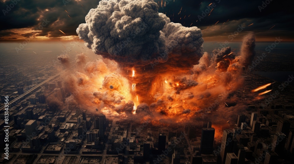 big explosion in the city. panorama of the urban landscape. nuclear ...