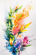 Watercolor painting colorful splashes on a white floral background, flower leaf