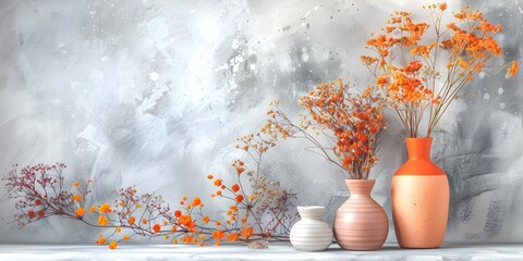 Wall Mural - Display of ceramic vases with dried flowers against a grey background. Concept Home Decor, Dried Flowers, Ceramic Vases, Grey Background, Still Life Photography