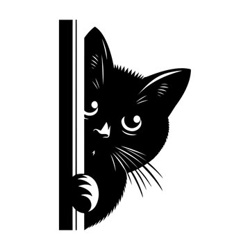 Black Cat Peeking Around Corner , vector black color silhouette