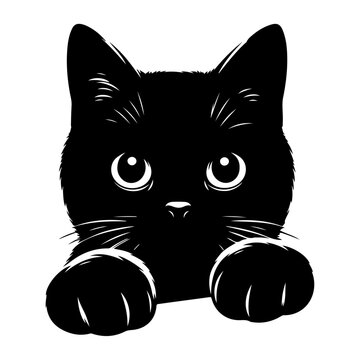 Black Cat Peeking Around Corner , vector black color silhouette