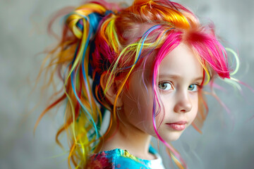 Wall Mural - Portrait of a beautiful little girl with rainbow neon asymmetric hair style