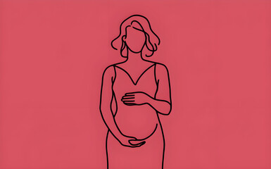 A minimalist, black single line drawing of a pregnant woman