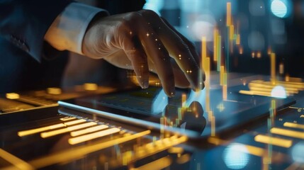 Aufkleber - A businessman analyzing gold market trends on a digital tablet with graphs and charts displayed.