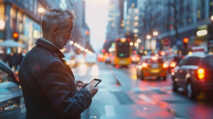 Aufkleber - A businessman checking stock prices on a smartphone while commuting on a busy urban street, multitasking in the digital age.