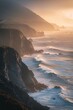 Majestic Coastline with Sunset: Waves Crashing at the Foot of a Cliff in California, USA