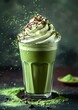 Delightful Matcha Latte with Whipped Cream Garnish, Perfect for Spring and Summer Beverage Advertisements