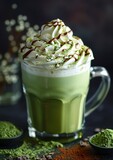 Fototapeta Niebo - Delicious Matcha Latte with Whipped Cream on Black Table