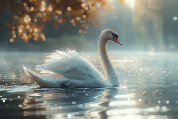 Sticker - The elegant beauty of a graceful swan gliding across a tranquil pond, its reflection shimmering in the water. Concept of natural elegance. Generative Ai.