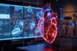 A holographic projection of a human heart in a medical facility, symbolizing advances in cardiological diagnostics