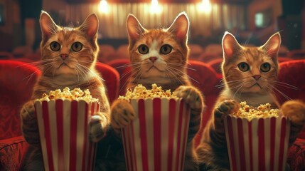 Wall Mural - adorable cats sharing popcorn at a movie theater enjoying a fun and entertaining night out aigenerated illustration