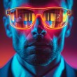 Futuristic Portrait of Man with Neon Light Glasses in Red and Blue
