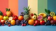 Colorful Assortment of Fresh Fruits on Rainbow Gradient Background
