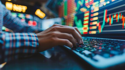 Poster - A close-up shot of a stock market trader's hands typing on a keyboard, executing trades with speed and precision.