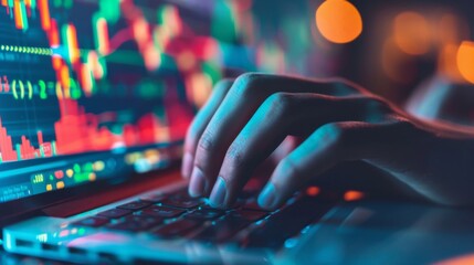 Poster - A close-up shot of a stock market trader's hands typing on a keyboard, executing trades with speed and precision.