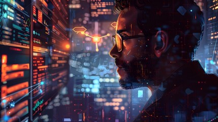 Wall Mural - Create a portrait of a data scientist, their face illuminated by the glow of monitors displaying complex algorithms and visualizations as they uncover insights hidden within vast datasets