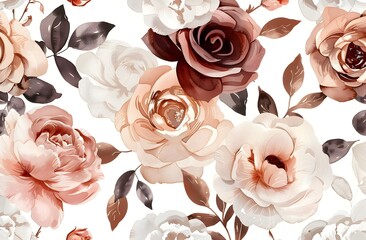 Wall Mural - Seamless pattern of watercolor floral elements, with roses and peonies in shades of blush pink, cream beige, and burgundy reds, with soft green leaves, The elegant and vintage, wallpaper background.