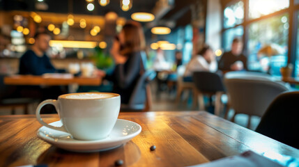 Wall Mural - a business meeting in a bustling coffee shop, with colleagues discussing strategies and ideas over c