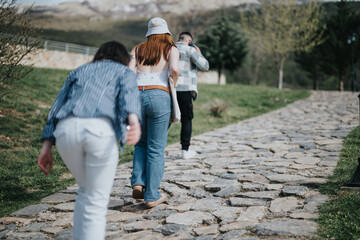 Wall Mural - Group of young adults having fun while walking on a historic cobblestone road in the countryside, enjoying the outdoors together.