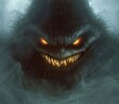 Close-up of the monster with a wicked grin full of sharp teeth. Evil creature. Creepy grimace of a scary character. Illustration for varied design.