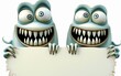 The two monsters hold a blank card in front of them. They have toothy smiles on their faces. Can be used for advertising, marketing, promotion or presentation.