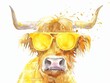Portrait of funny cow with sunglasses. The animal is drawn in the style of a watercolor drawing.  Illustration for cover, card, postcard, interior design, decor or print.