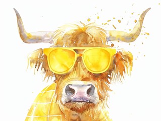 Wall Mural - Portrait of funny cow with sunglasses. The animal is drawn in the style of a watercolor drawing.  Illustration for cover, card, postcard, interior design, decor or print.