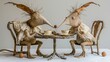 Two unrealistic strange birds sitting at a table with cups of tea and chocolate balls. Staged theatrical scene of a tea party. Homemade unique puppets. Illustration for cover, card, interior design.