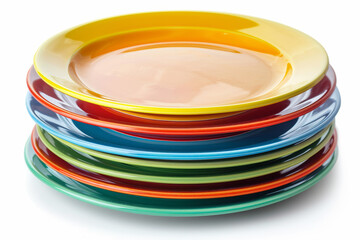 Poster - A stack of colorful plates isolated on a white backdrop, trimmed from the surroundings, with no background. Concept of dining and food presentation. Generative Ai.