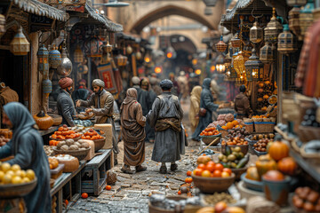 Wall Mural - A diorama of a bustling marketplace, with vendors selling goods, shoppers haggling over prices, and street performers entertaining the crowds. Concept of commerce. Generative Ai.