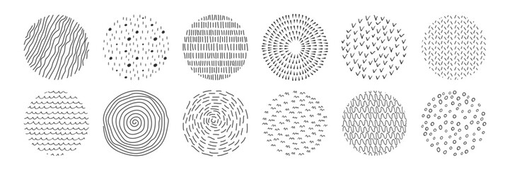 Poster - Set of abstract ink drawn circles. Doodle black and white textures of stripes, spots, dashes, scribbles. Round icons collection. Simple modern illustration for design