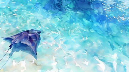 Wall Mural - Stingray gliding through clear shallow waters. Serene marine animal in its natural habitat. Concept of aquatic life, peace in nature, and ocean. Watercolor illustration