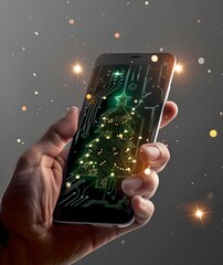 Aufkleber - Futuristic Smartphone with Glowing Circuit Board Design in Hand, Technology Concept, Digital World Connection, Modern Style Illustration. AI